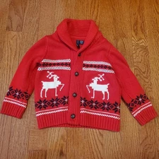 Janie And Jack Reindeer Fair Isle Knit Shawl Collar Knit Cardigan Toddler 12-18M