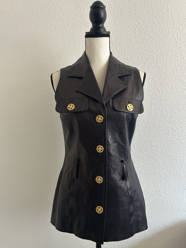 VINTAGE SANDRO PARIS Sz 1 Black Leather Vest Gold Buttons NOTCHED COLLAR BELTED