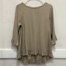 Multiples Light Brown 3/4 Ruffle Button Back Blouse Size Small