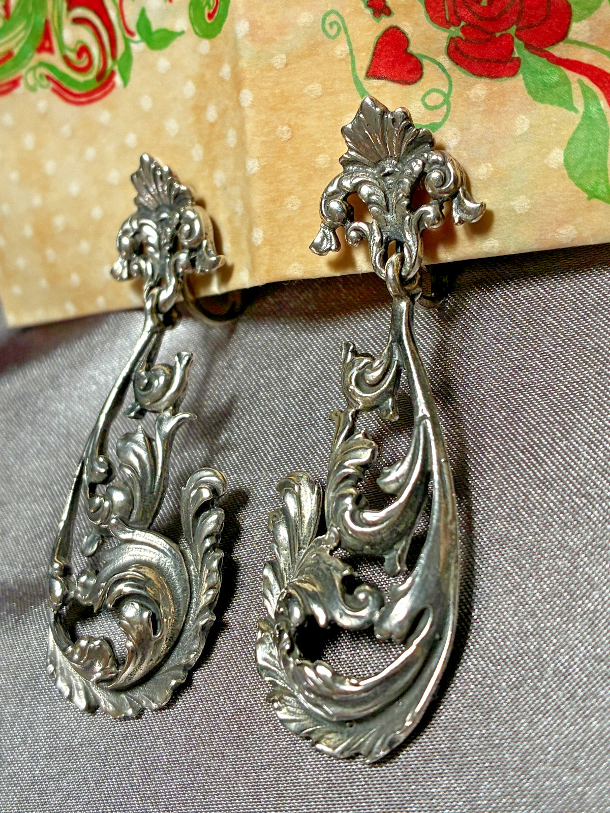 Elegant Vintage Art Nouveau Ornate Feather Scroll Sterling Clip On Earrings