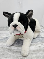 FAO Schwarz Plush Puppy Dog Lying French Bulldog 12" White Black Pup