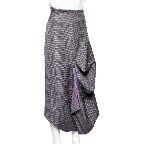 Emporio Armani Grey Textured Synthetic Tassel Trim Draped Midi Skirt M - Picture 2 of 6