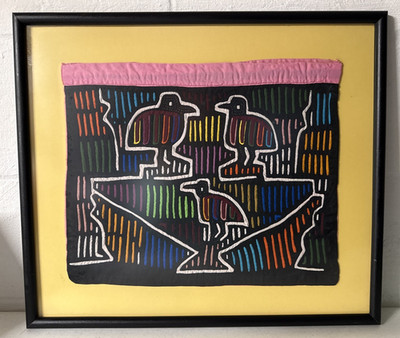 Vtg Kuna Mola Panama Guna Bird Textile Art Hand Stitched Framed 20.5'' x 18''
