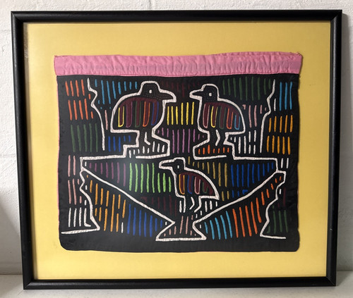 Vtg Kuna Mola Panama Guna Bird Textile Art Hand Stitched Framed 20.5" x 18"