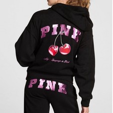 VS PINK FULL ZIP V-DAY LOGO HOODIE IN PURE BLACK  CHERRIES SHINE LOGO IN XS-2XL