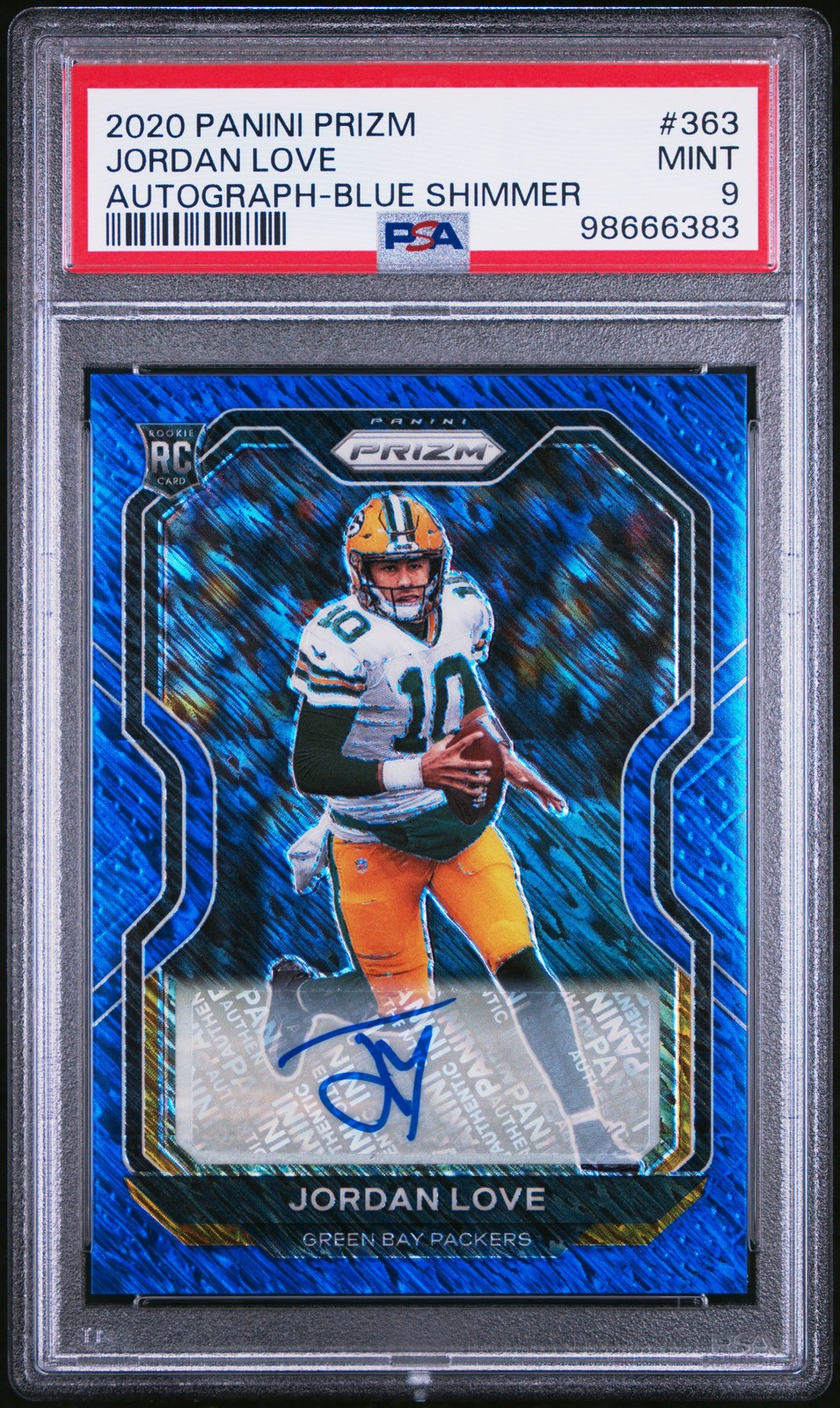 2020 PANINI PRIZM AUTO-BLUE SHIMMER #363 JORDAN LOVE ROOKIE RC /25 PSA 9