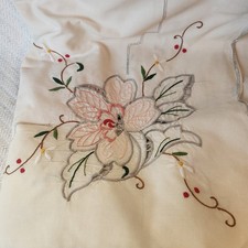 Ivory Linen Rectangular Tablecloth Pink Embroidery Flower Cutwork Details 62x97