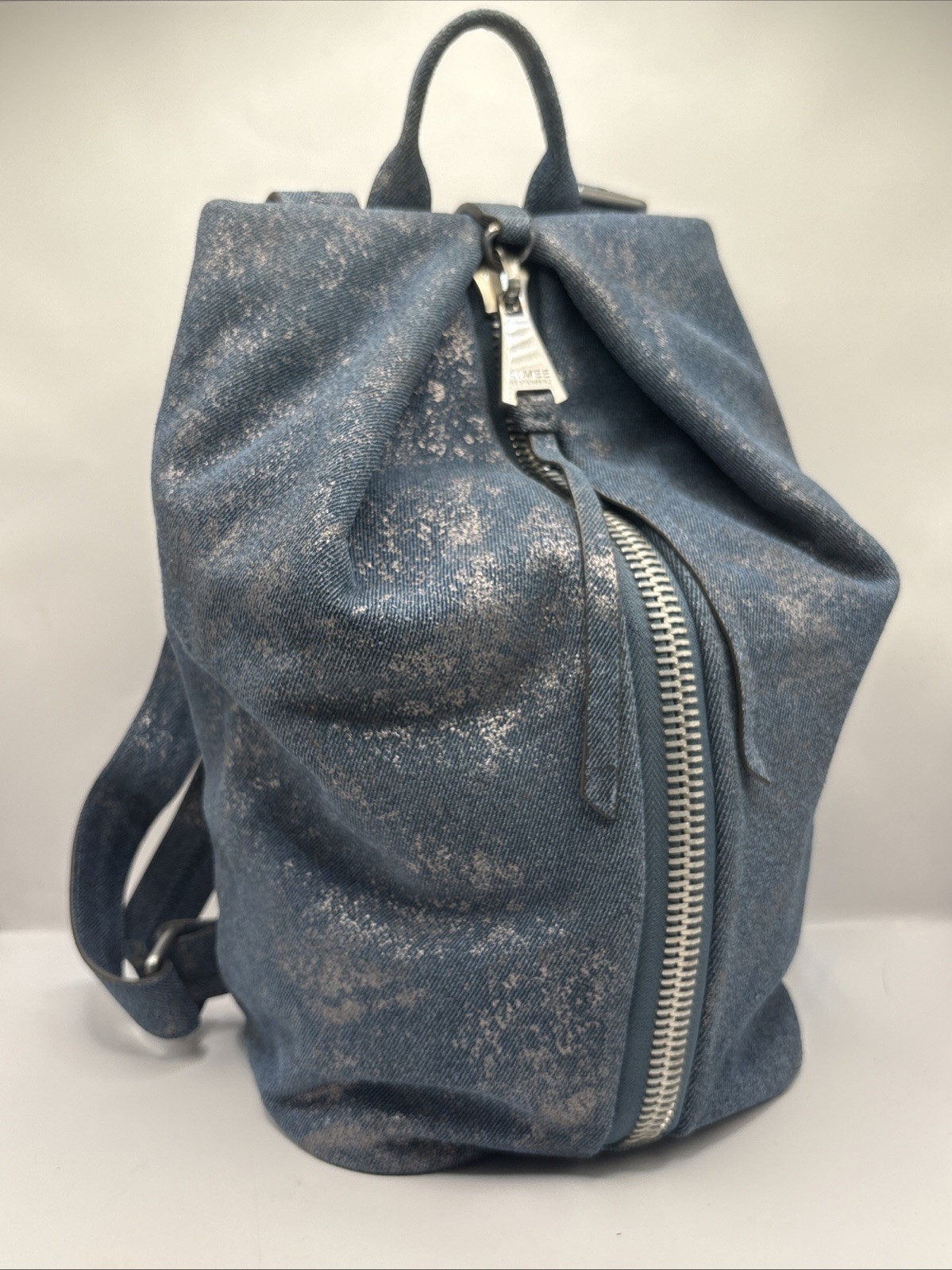 Aimee Kestenberg Tamitha Backpack Denim Metallic Silver Foil Leather NWOT Med