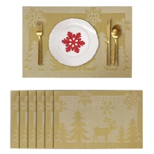 6 Pack Christmas Placemats, Woven Vinyl, Non-Slip, Reindeer-Gold, Table Mats