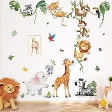 Safari Animals Wall Decals Jungle Animals Climbing Tree Giraffe Elephant Lion...