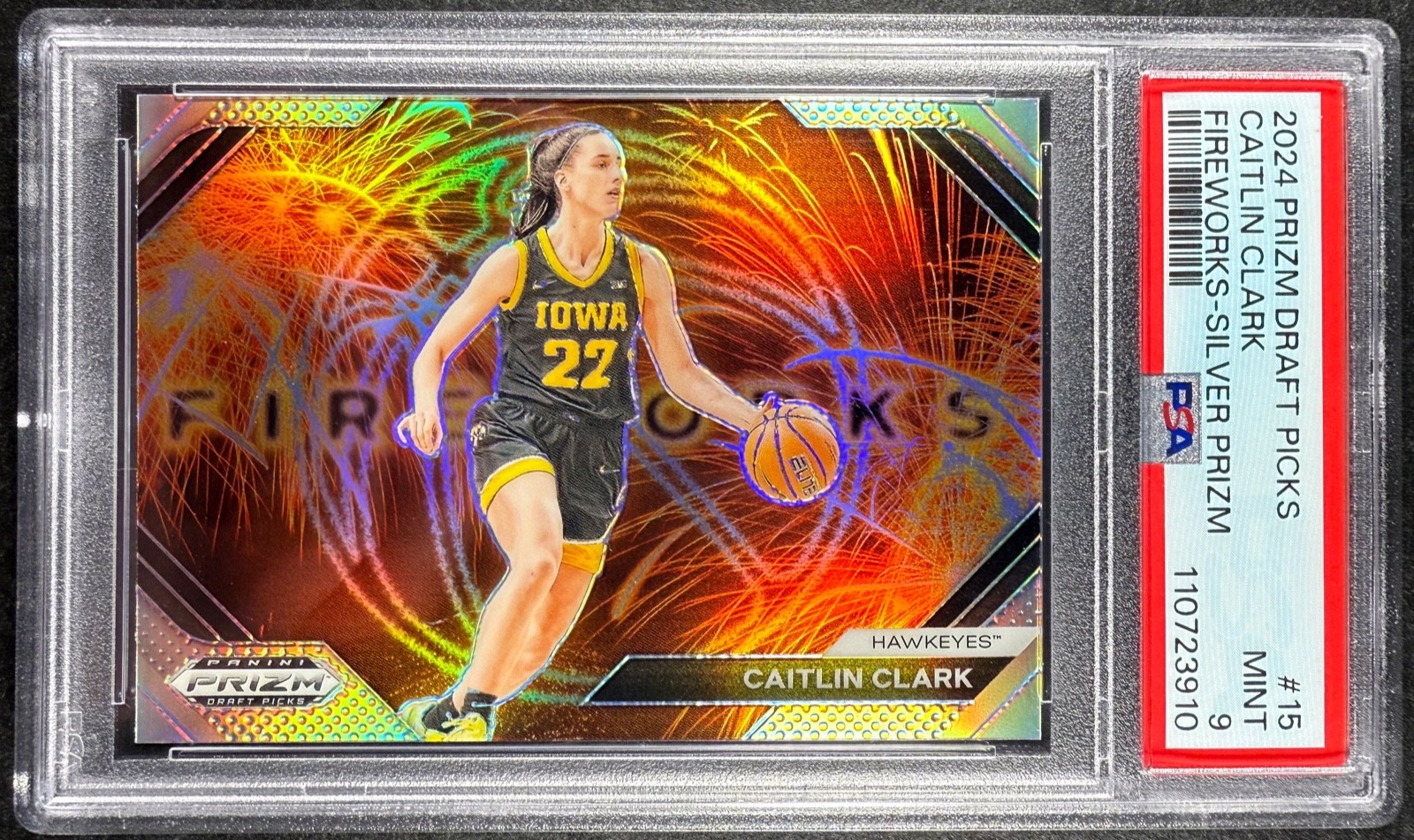 2024 Panini Draft Picks Caitlin Clark Silver Prizm Fireworks #15 RC Rookie PSA 9