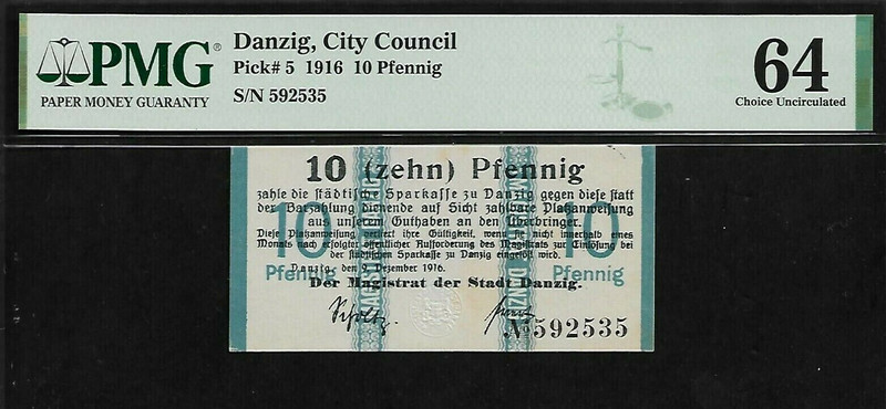 Danzig Poland  10 Pfennig 1916 PMG 64  UNC P#5 PMG Dray Seal