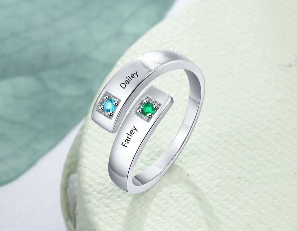 Anillo de madre personalizado 2 piedras de nacimiento - 2 nombres banda abierta acero inoxidable Foto 3 de 4