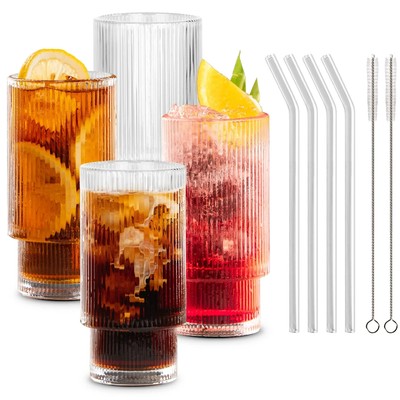 Set of 4 Drinking Glasses 12oz Ribbed Glass Cups w/ Straws & Brushes, Glassware