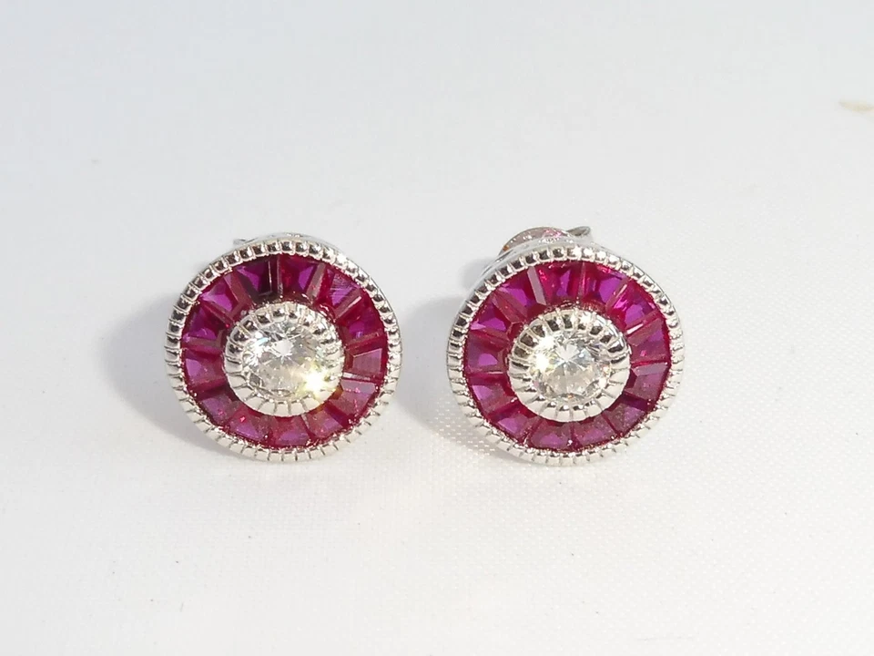 Signore Halo Design argento 925 con rubino e zaffiro orecchini - Immagine 2 di 4