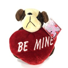 Vintage Valentines Brown Tan Puppy Dog BE MINE Red White Heart Plush 6-in