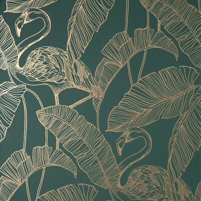 Fine Decor Flamingo Wallpaper Tropical Jungle Birds Metallic Emerald FD42946