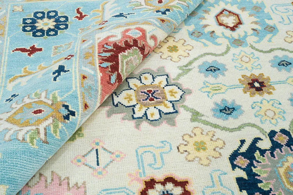 Ivory & Sky Blue Oushak Rug Hand-knotted Colorful Area Rug, Navy Accent Turkish - Image 2 of 4