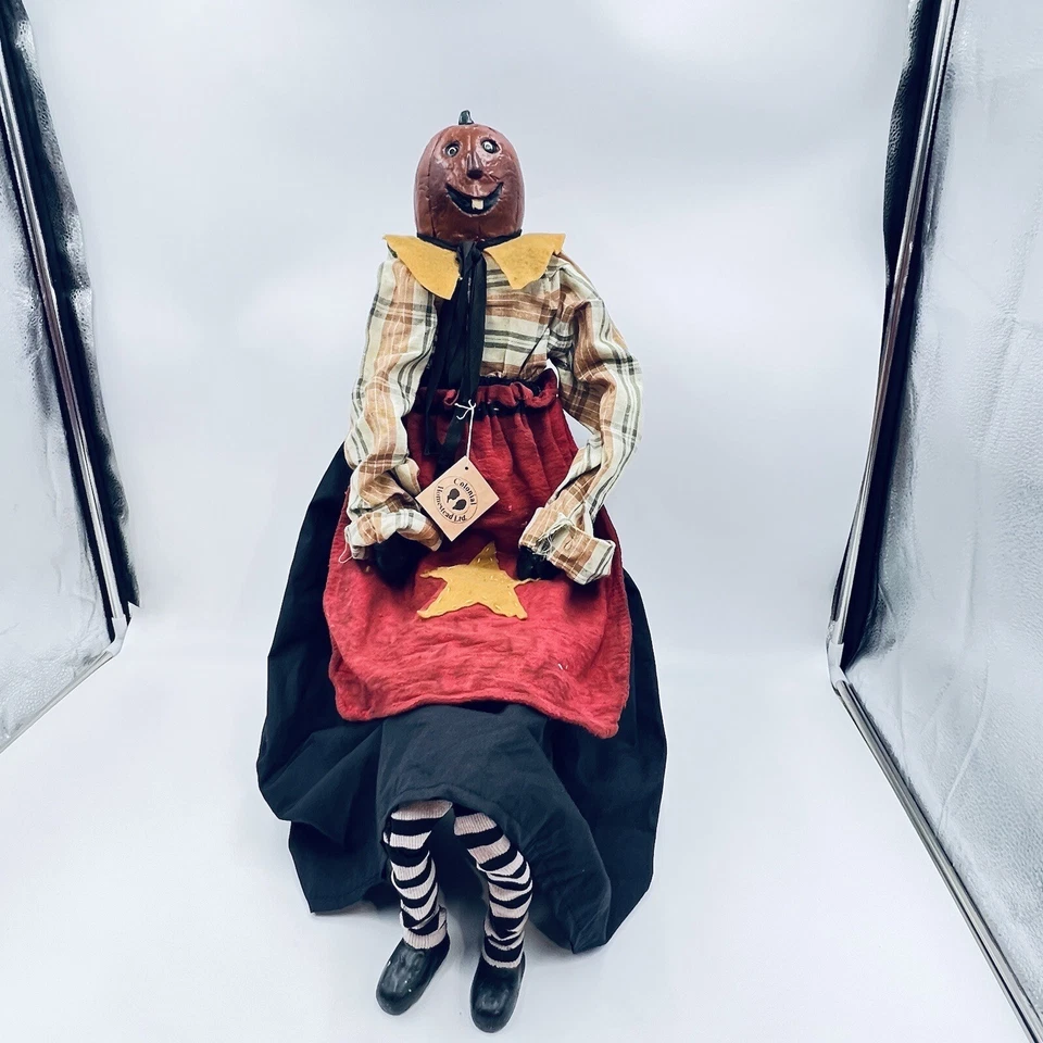 Primitive Folk Art Fall Autumn 30” Pumpkin Doll Wax Head Hands Joanne Brook - Image 2 of 4