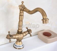 Antique Brass Dual Handles Swivel Kitchen Vessel Sink Faucet Mixer Tap snf602