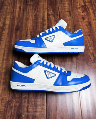 Prada Downtown Triangle Logo White Blue Men Leather Sneakers - Size 11.5P 12.5US