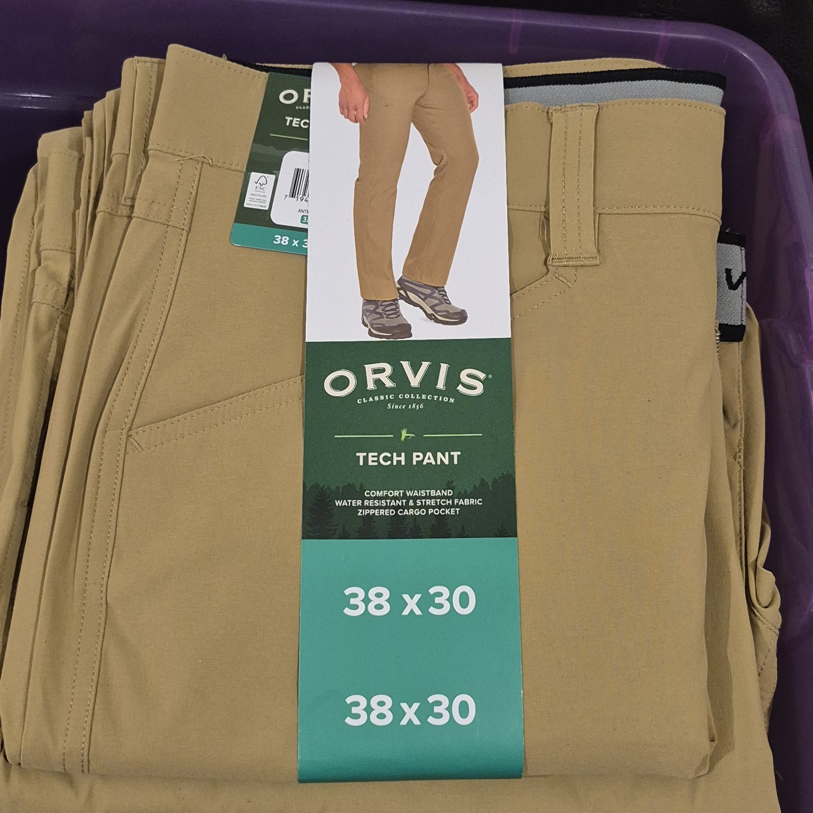 Orvis Pants Tech Pant New 38 X 30 Tan Water Resistant Stretch Fabric