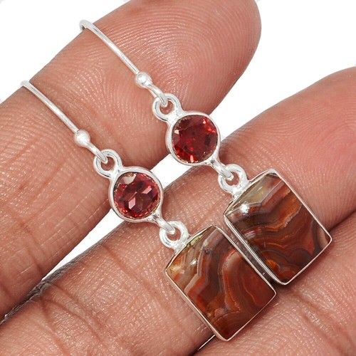 Natural Mexican Laguna Lace & Garnet 925 Silver Earrings Jewelry CE44026