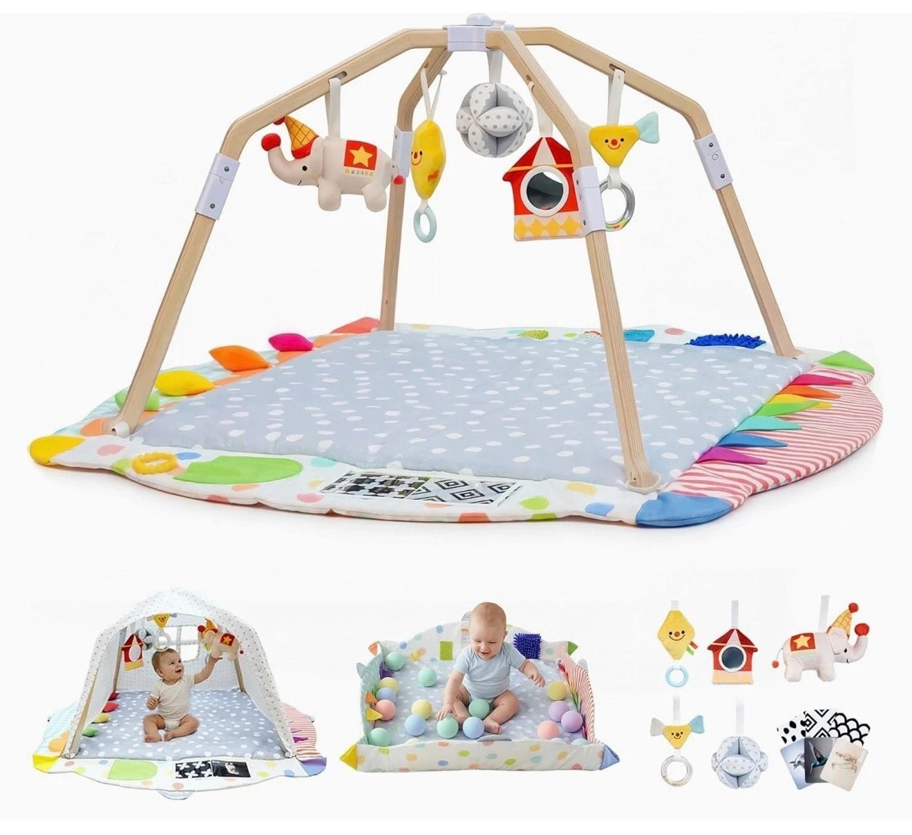 Baby Activity Gym Play Mat with Wooden Frame and Sensory Toys