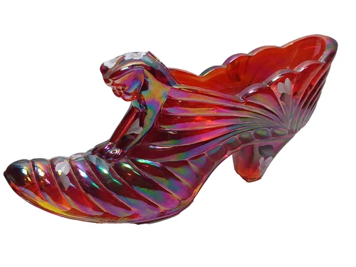 Fenton Cat Head Shoe Hand Painted Artist Signed Iridescent Ruby Floral JB7B