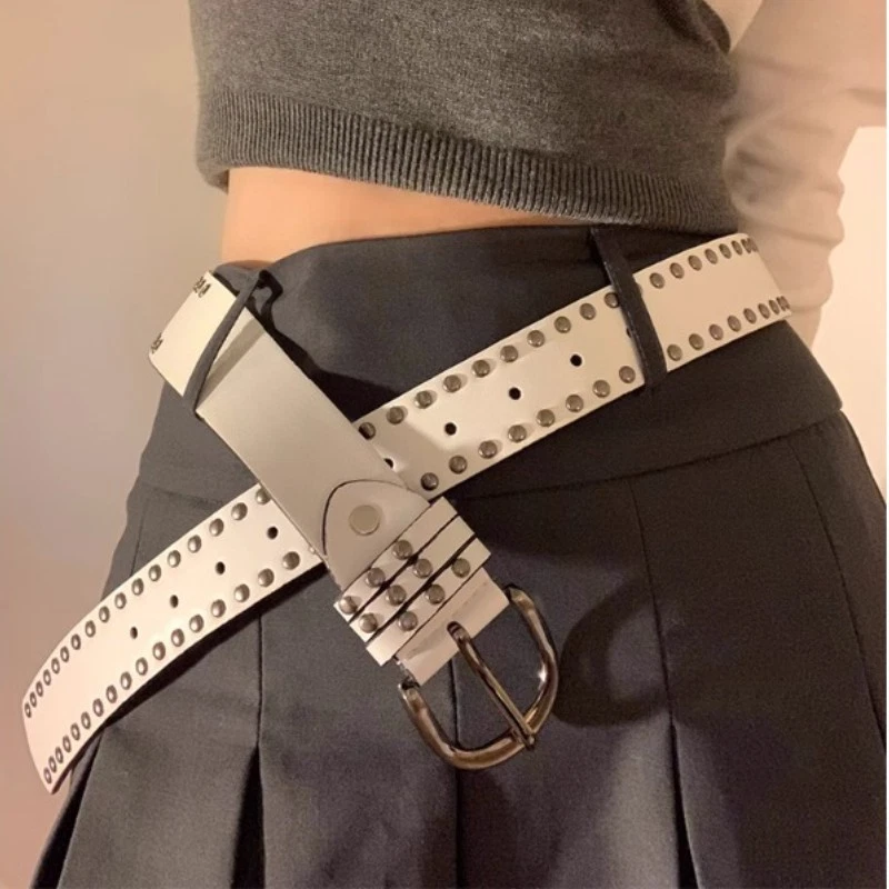 Ceinture En Cuir Véritable Vintage à Rivets - Marron - Taille ~102 (91-99 Cm Tour) - Femme Plus