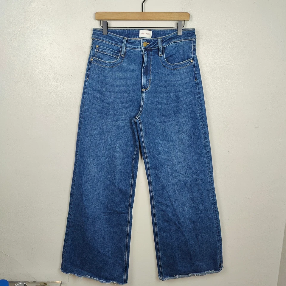 Jeans Driftwood Martha para mujer 30 pierna ancha dobladillo crudo boho lavado oscuro preppy Foto 2 de 4