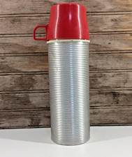 Thermos Vacuum Bottle 1 Pint Ribbed Aluminum Red Cup #2284 Vintage USA
