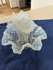 Fenton Glass white Opalescent Hobnail Epergne 3 Horn Trumpet Ruffled Vase