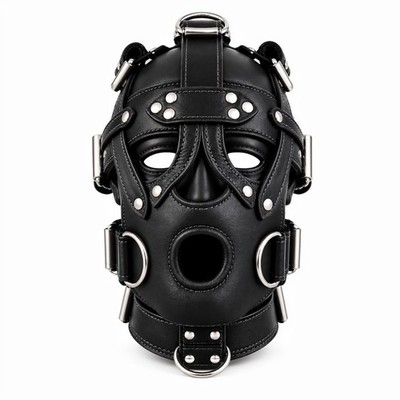 Black Leather Full Face Hood Mask Gothic Rivet Studded D-Ring Custom Style