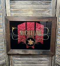 Vintage 70s Michelob Beer Glass & Wood Framed Foil Advertising Bar Sign 19"x15"