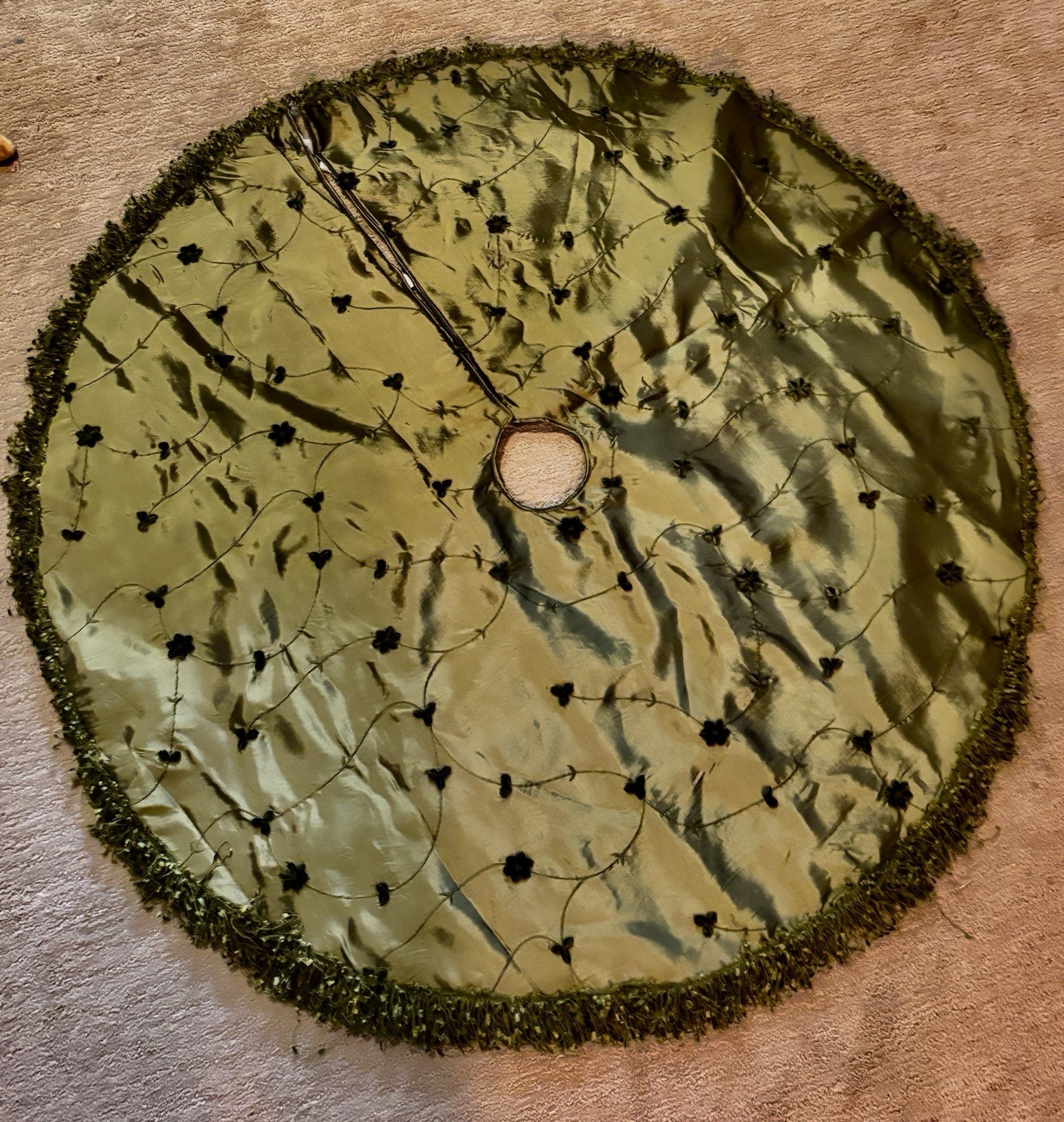 Green Embroidered Christmas Tree Skirt with Satiny Shine and Fringe 49 Inch