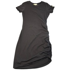 Michael Kors Womens Black Side Ruched T-Shirt Midi Dress Gold MK Logo Medium