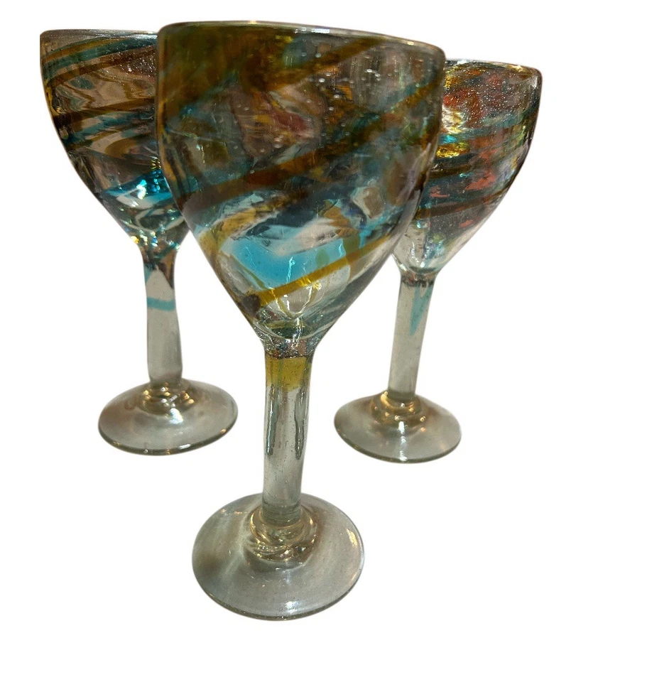 手工吹制蓝色旋转葡萄酒/高脚杯玻璃杯 7.5 英寸 3 件套 — 第 2/4 张图片