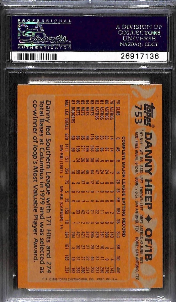 1988 TOPPS #753 DANNY HEEP PSA 9 Mint 26917136  - Image 2 of 3