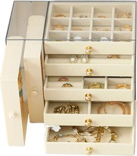 5 Drawer Jewellery Box Organiser Beige | 2 Necklace Stand Velvet Display Case