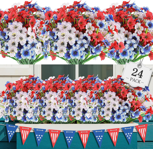 24 Bundles Artificial Flowers for Outdoor,No Fade Fake Plastic Flowers for Garde