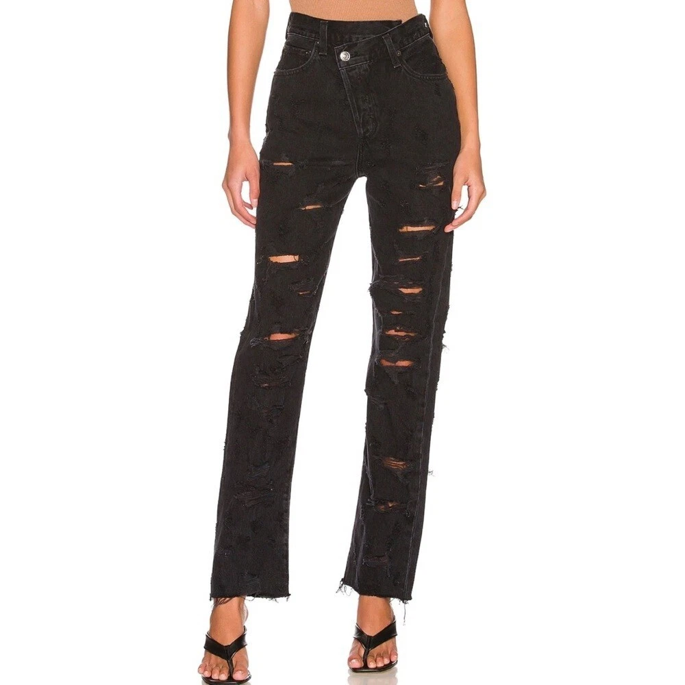 NWT AGOLDE Criss Cross Straight Jeans High Rise Distressed Black Feverish Sz 26