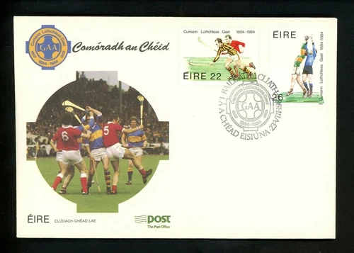 Postal History Ireland FDC #598-599 Gaelic Athletic Sports soccer hurlers 1984