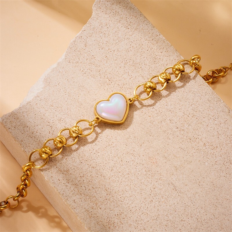 Woman 18K Gold Plated Heart Charm Rolo Chain Bracelet Bangle