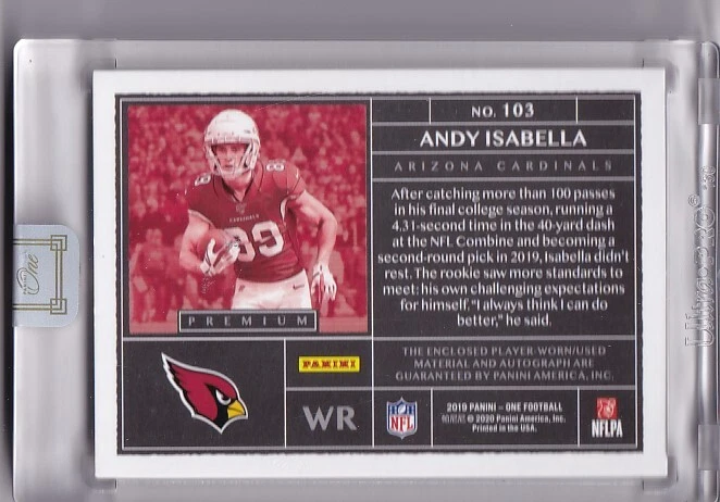 Andy Isabella 2019 Panini One #103 #/99 Arizona Cardinals Rookie Auto - Image 2 of 2