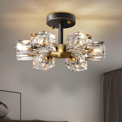 OKES Semi Flush Mount Ceiling Light 13inch Modern Black-Gold Crystal Chandelier