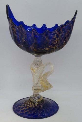 Jarrón de tazza grande victoriano antiguo vintage de cristal azul de Murano Salviati - Imagen 5 de 20