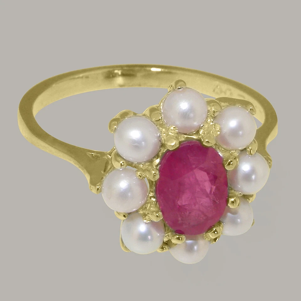 9k Yellow Gold Natural Ruby & Cultured Pearl Womens Cluster Ring - Sizes 4 to 12 - Image 4 of 4