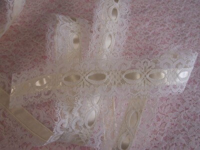 White Beading Lace Trim with Ivory Ribbon, 1.5 in Wide, 3 YARDS