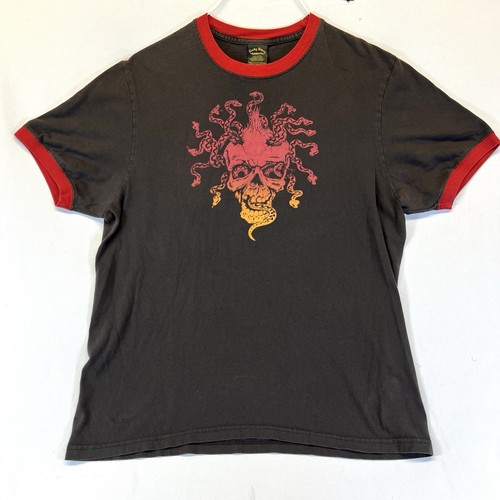 Y2K Lucky Brand Classic Fit Medusa Skull Gradiant M Brown Ringer LG T-Shirt USA